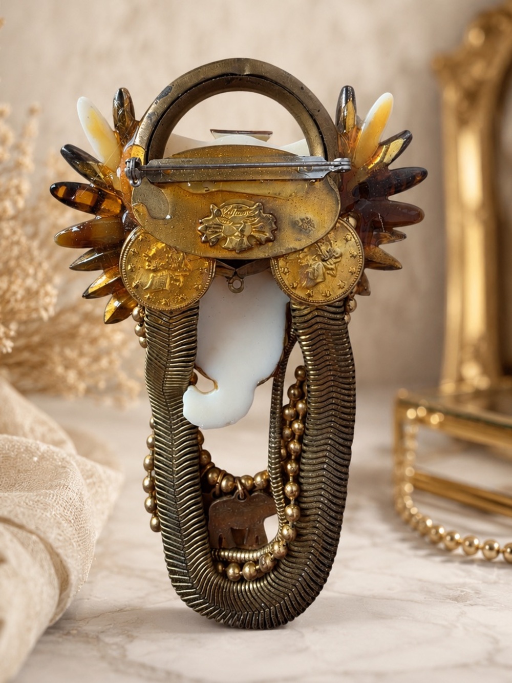 RARE Handmade Katrina Elephant Brooch Statement Pin Boho Tribal Dangle - Picture 3 of 3